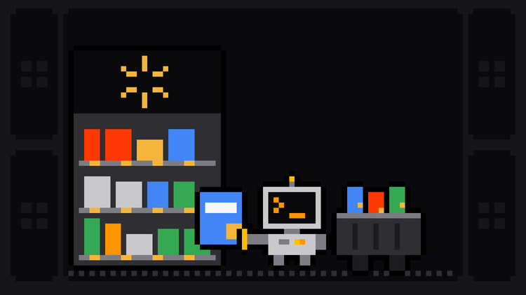 Pixel-art robot with an orange >_ on its terminal head pulls a blue product box off a store shelf topped with the yellow Walmart spark logo and loads it into a crate