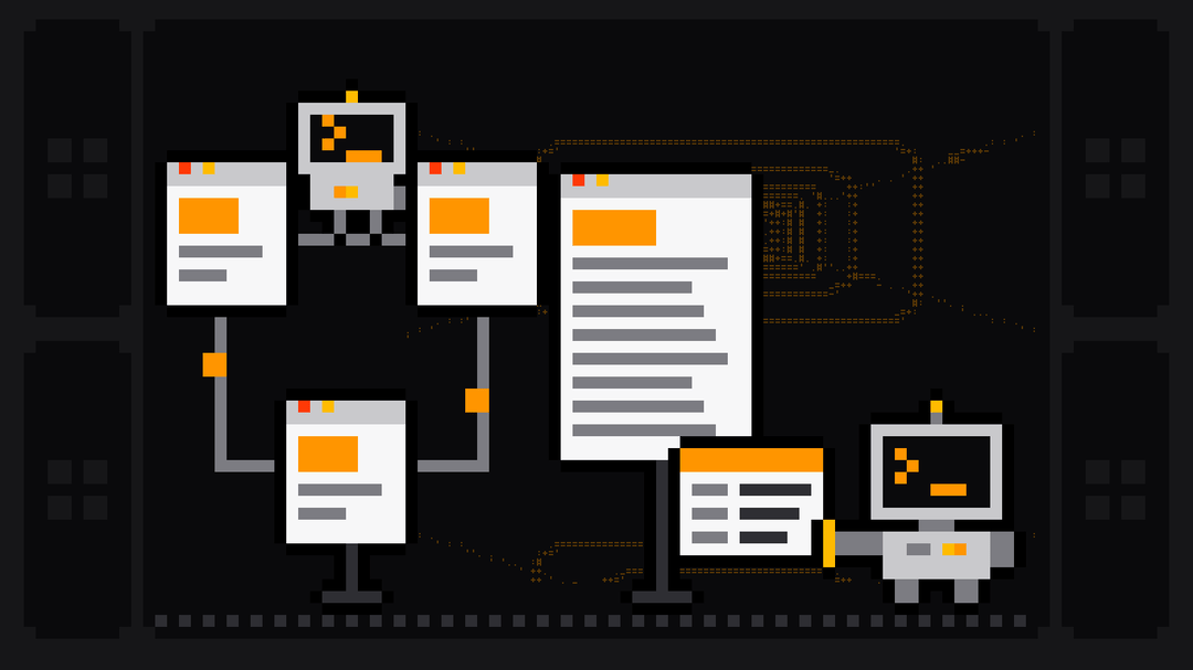 Pixel-art scene in two halves: on the left a small robot walks along a cable linking web pages, on the right a robot with an orange >_ on its terminal head pulls a data card out of a single web page