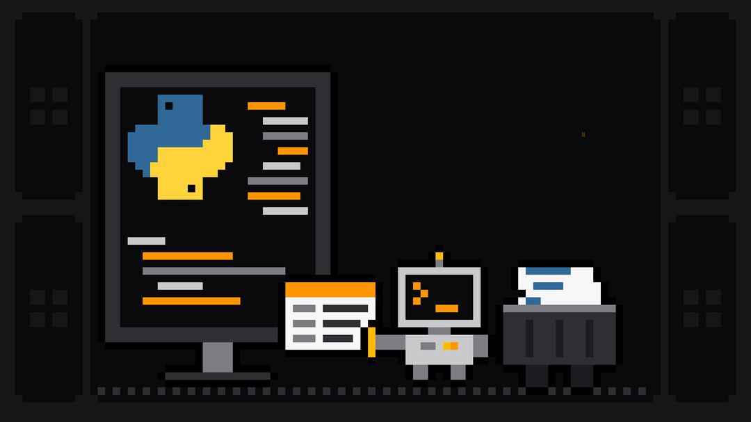 Pixel-art robot with an orange >_ on its terminal head pulls a data card out of a monitor showing the blue and yellow Python logo beside lines of code, and drops it into a crate