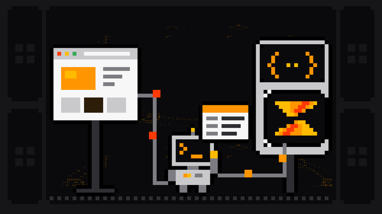 Pixel-art robot with an orange >_ on its terminal head carries a data card out between two routes: a cable from a browser window on the left and a cable from an API socket with curly braces and a Scrape.ly-branded plug on the right