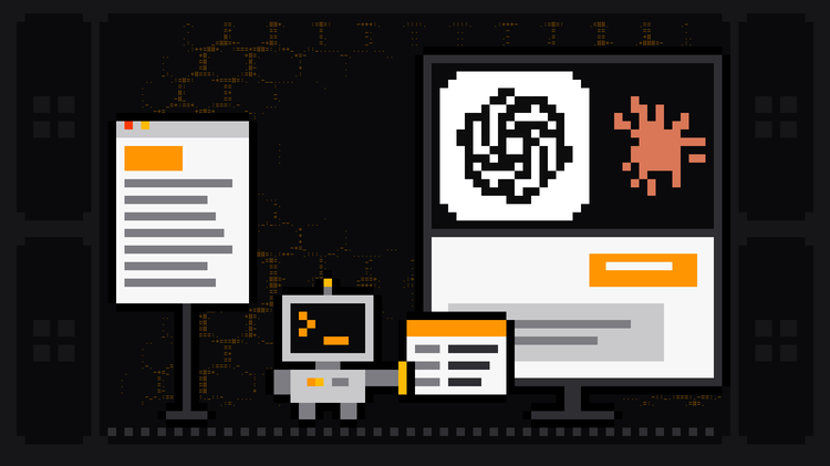 Pixel-art robot with an orange >_ on its terminal head hands a data card from a web page on the left into a chat window whose header shows the ChatGPT logo and the orange Claude spark