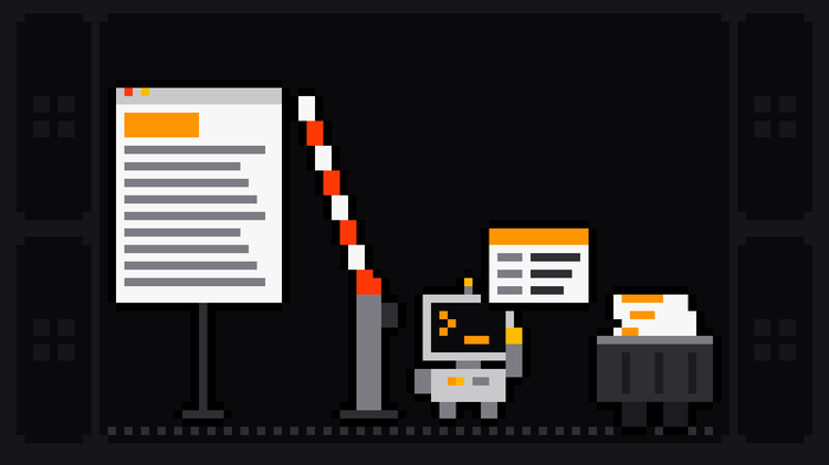 Pixel-art robot with an orange >_ on its terminal head walks past a raised red-and-white boom barrier, carrying a data card from the web page behind it towards a crate
