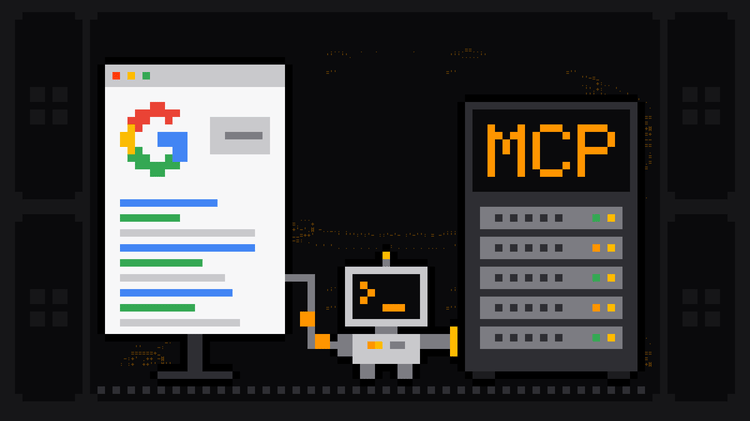 Pixel-art robot with an orange >_ on its terminal head carries a cable from a search results page headed by the Google G logo into a server rack labelled MCP