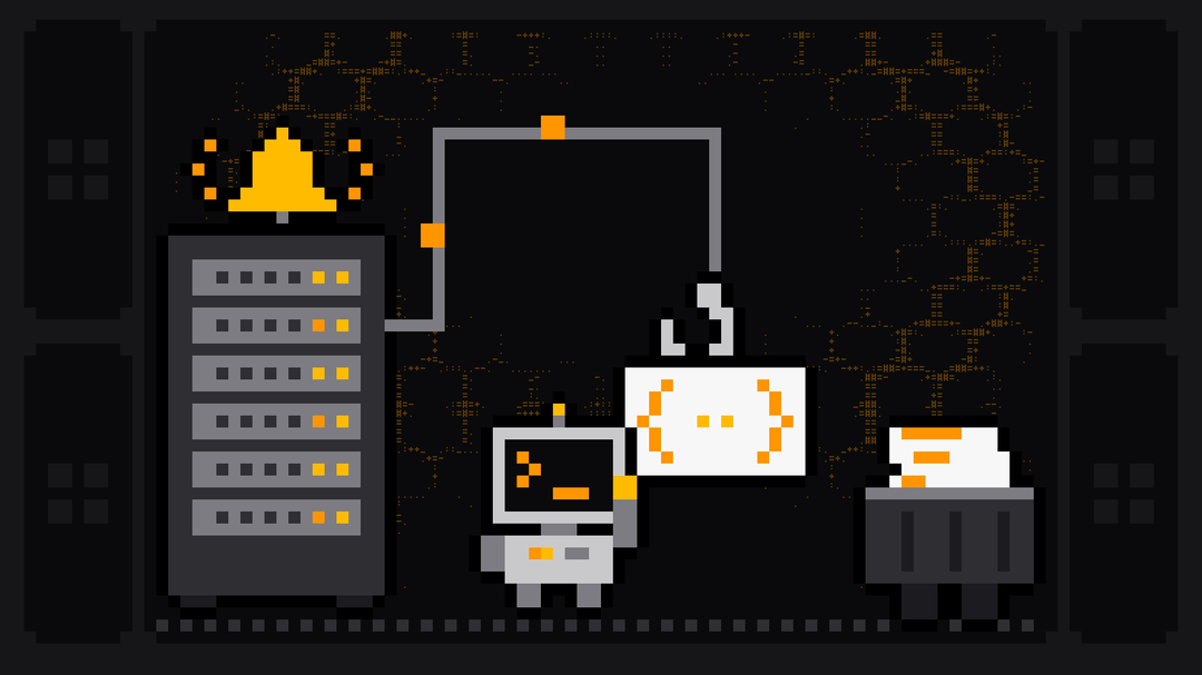 Pixel-art robot with an orange >_ on its terminal head reaches up to take a JSON card with curly braces from a hook at the end of a cable that runs from a server rack, an amber bell ringing on top of the rack, a crate beside it