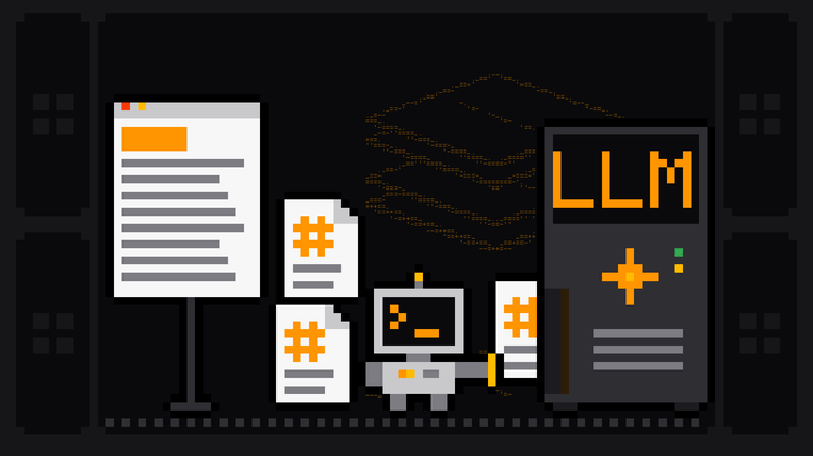 Pixel-art robot with an orange >_ on its terminal head feeds a Markdown file with an orange # heading into the slot of a dark box labelled LLM, next to a web page and a small stack of Markdown files