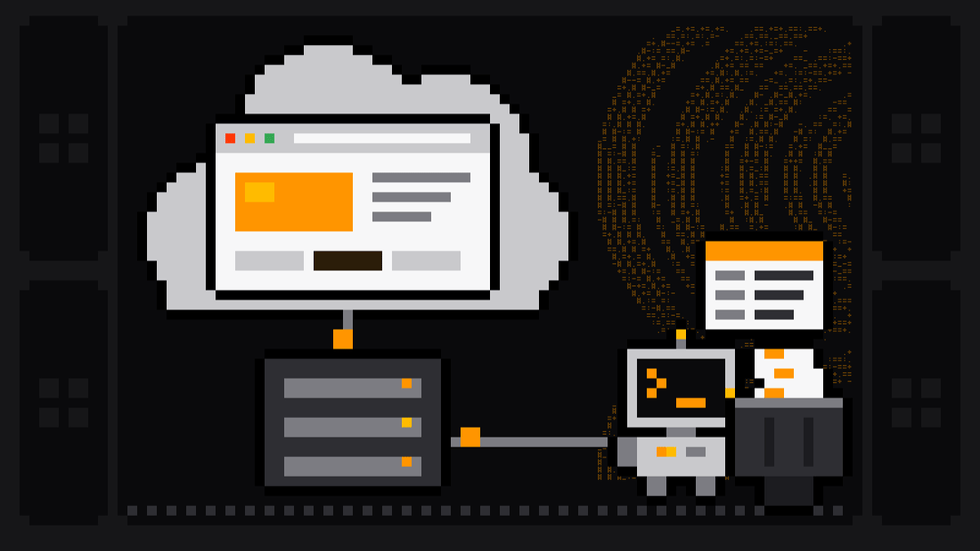 Pixel-art robot with an orange >_ on its terminal head carries a data card towards a crate at the end of a cable from a server, above which a grey cloud holds a browser window showing a web page