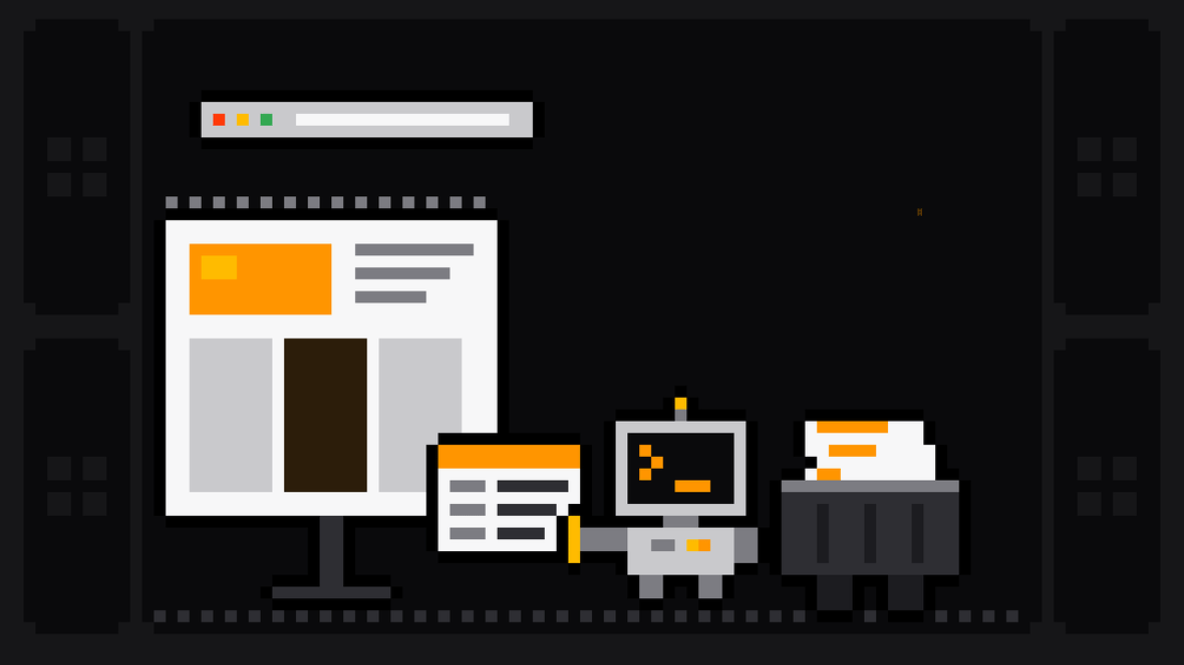 Pixel-art robot with an orange >_ on its terminal head pulls a data card out of a browser page whose title bar has been lifted off and floats above it, a dotted line where it sat, and drops it into a crate
