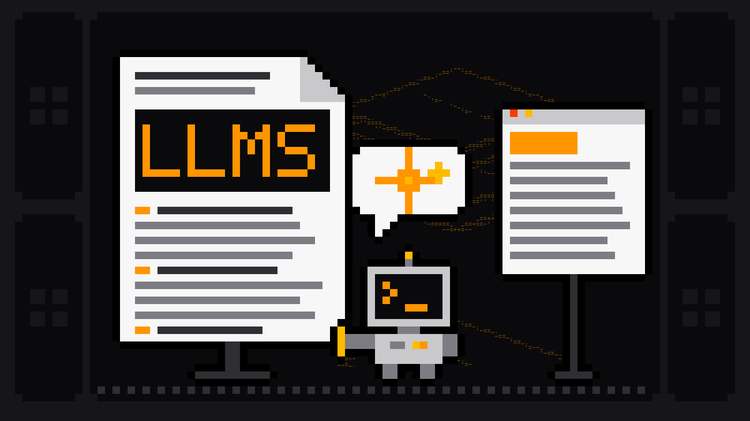 Pixel-art robot with an orange >_ on its terminal head, an AI sparkle in a speech bubble above it, reaches out to a standing text file with a folded corner whose dark plate reads LLMS, next to a web page