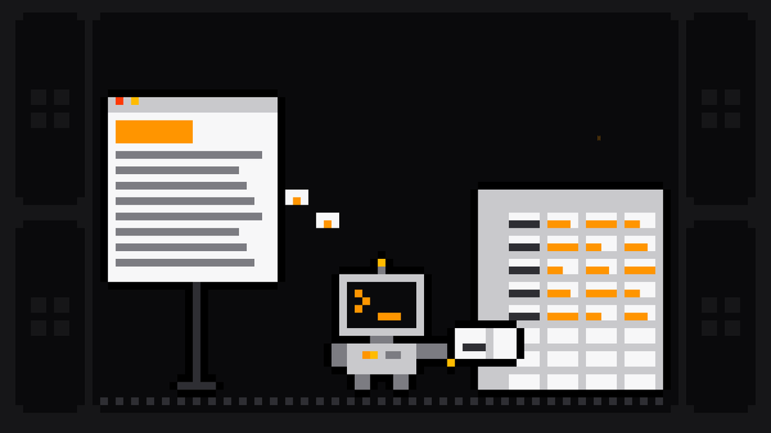 Pixel-art robot with an orange >_ on its terminal head carries a row of data from a web page on the left into a table on the right that is filling up row by row