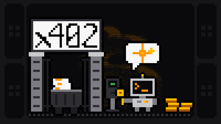 Pixel-art robot with an orange >_ on its terminal head, an AI sparkle in a speech bubble above it, drops a gold coin into a pay terminal beside an open gate whose sign shows the black x402 logo, a crate of data waiting behind the gate