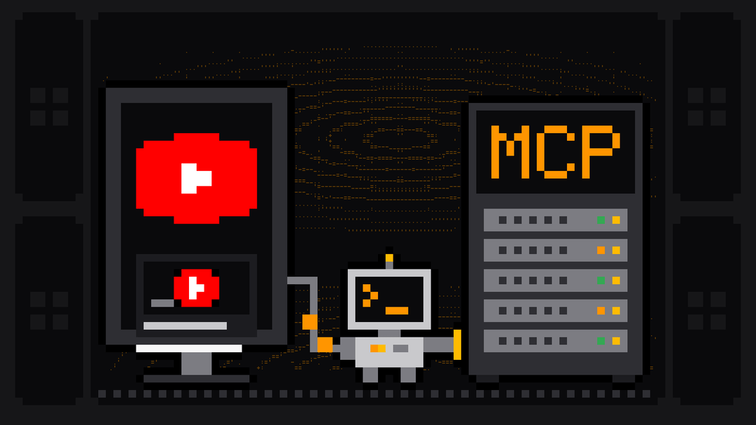 Pixel-art robot with an orange >_ on its terminal head carries a cable from a monitor showing the red YouTube logo above a video thumbnail and its title into a server rack labelled MCP