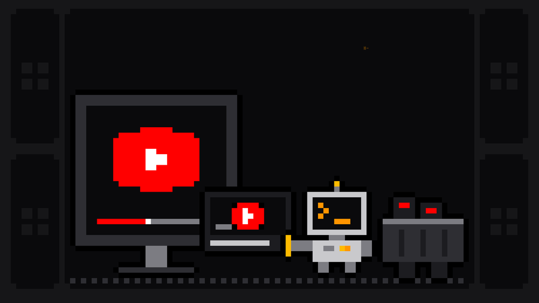 Pixel-art robot with an orange >_ on its terminal head pulls a video card with the YouTube play-button logo out of a large monitor showing the YouTube logo and loads it into a crate