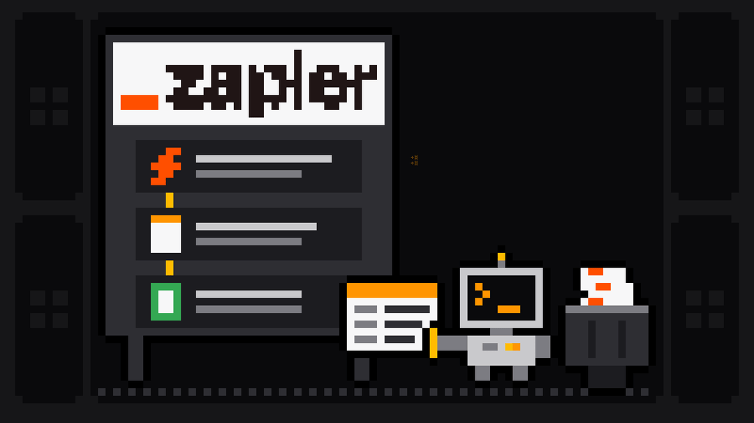 Pixel-art robot with an orange >_ on its terminal head pulls a data card out of a board headed by the Zapier logo, whose three linked steps show an orange lightning bolt, a web page and a green sheet, and drops it into a crate