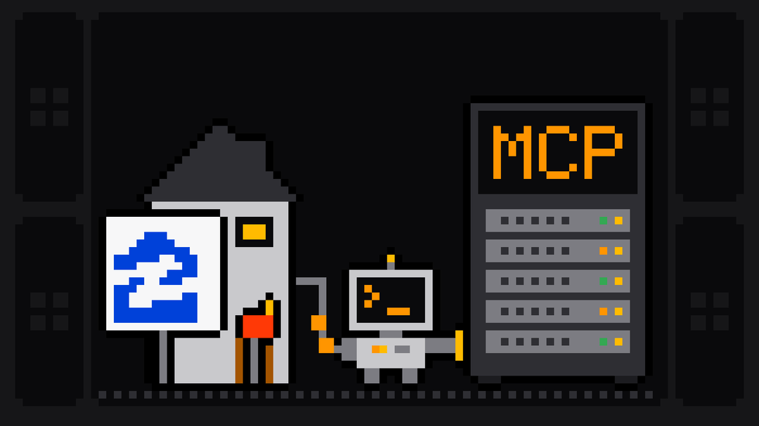 Pixel-art robot with an orange >_ on its terminal head carries a cable from a house, fronted by a red mailbox and a yard sign bearing the blue Zillow logo, into a server rack labelled MCP