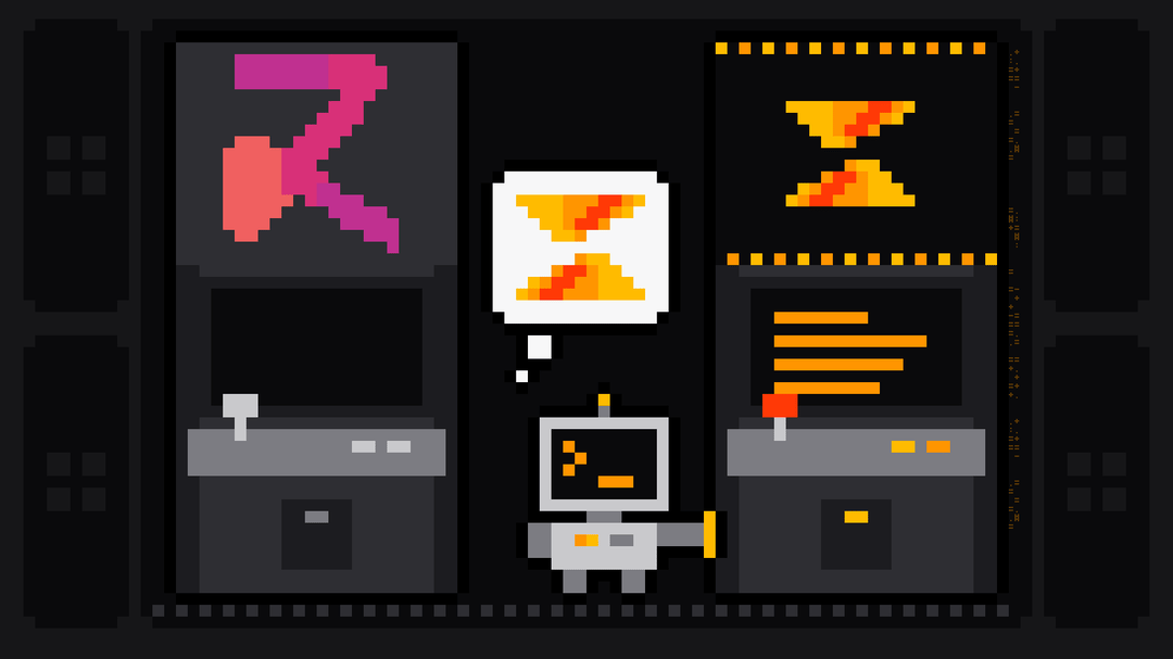 Pixel-art robot with an orange >_ on its terminal head chooses a lit arcade cabinet bearing the Scrape.ly logo, hand on its side and the Scrape.ly mark in its thought bubble, while a dark cabinet with the pink and red Zyte logo stands switched off