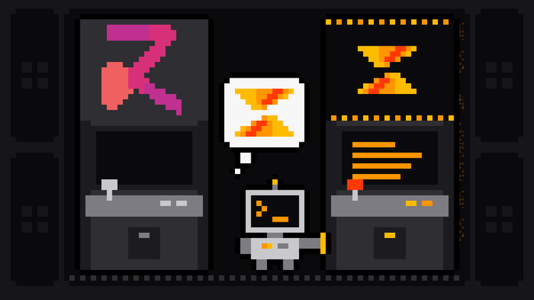 Pixel-art robot with an orange >_ on its terminal head chooses a lit arcade cabinet bearing the Scrape.ly logo, hand on its side and the Scrape.ly mark in its thought bubble, while a dark cabinet with the pink and red Zyte logo stands switched off
